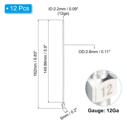 PATIKIL 12Ga x 5.9 Inch Stainless Steel Dispensing Needle Tips, 12Pcs Metal Glue Needle Tube Blunt Tips Luer Lock for Thick Glue Ink Lab, Silver...