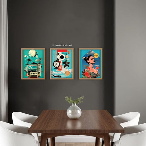 Posterizer 3 pcs-Beach Vibes Blue Themed Retro Collage-Abstract & Modern Art-Retro Art- Gift for Men Women Entrepreneur Teens-Decor for Beach Hous...