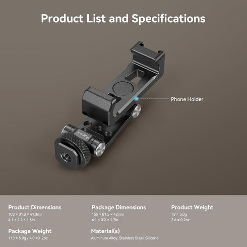 SMALLRIG Metal Phone Support with Cold Shoe Mount, Universal Cell Phone Mount Adapter Support Free Adjustment Joints,Phone Tripod Mount for iPhone...