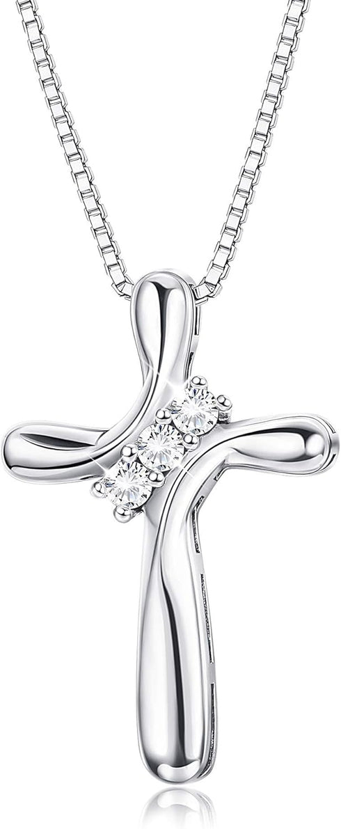 FUNRUN JEWELRY 925 Sterling Silver Cross Necklace for Women 3 Stone Cubic Zirconia Silver Cross Pendant Necklaces with 1 MM Box Chain,18 Inches...