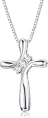 FUNRUN JEWELRY 925 Sterling Silver Cross Necklace for Women 3 Stone Cubic Zirconia Silver Cross Pendant Necklaces with 1 MM Box Chain,18 Inches...