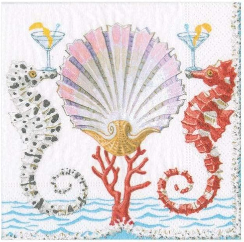Caspari Seahorses and Shell Paper Cocktail Napkins - Two Packs of 20...