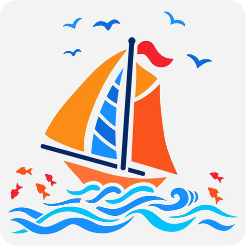 FINGERINSPIRE Nautical Sailboat Stencil for Painting 11.8x11.8 inch Hollow Out Seagulls Sea Fish Craft Stencil Reusable Sea Water Wave Stencil Boa...