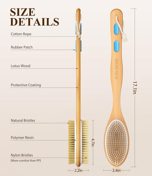 POPCHOSE Shower Brush with Soft and Stiff Bristles, Dual-Sided Long Handle Back Scrubber Bath Brush Body Exfoliator for Wet or Dry Brushing, Dry B...