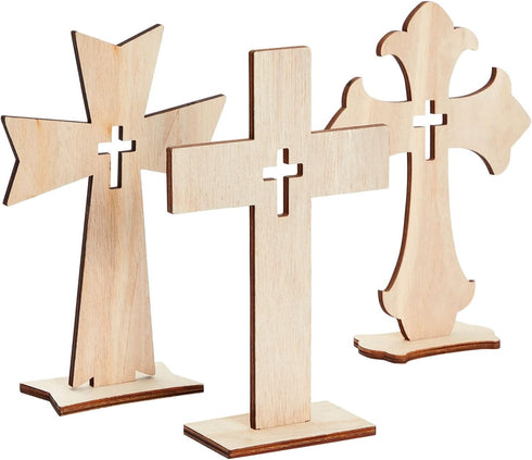 Bright Creations Wooden Crosses for Crafts - 12-Pack, 3 Sizes & Light Brown Unfinished Wood - DIY Blank Crosses with Stands - for Baptism Favors &...