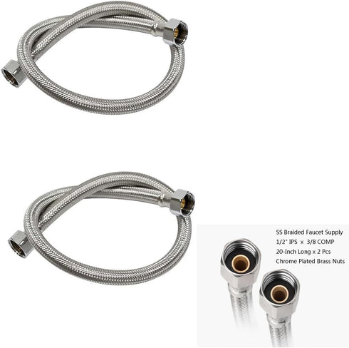 Braided Faucet Connector Supply Hose 1/2"-14NPSM Brass Nut X 3/8 Female Fitting Stainless Steel Lead-Free 20-Inch Long x 2 Pack...