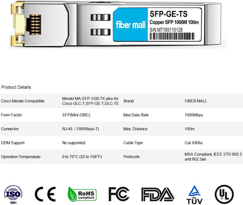 SFP to RJ45 for Cisco Meraki MA-SFP-1GB-TX 1000Base-T Copper RJ-45 100m Mini GBIC Transceiver Module...