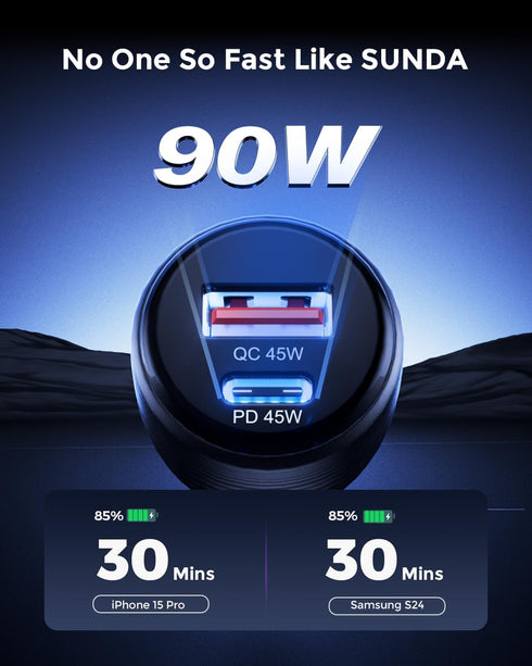 SUNDA 90W USB C Fast Car Charger, 2-Ports Car Charger Adapter, Cigarette Lighter USB Charger PD45W/QC45W QC 3.0 Car Phone Charger for iPhone15/14P...