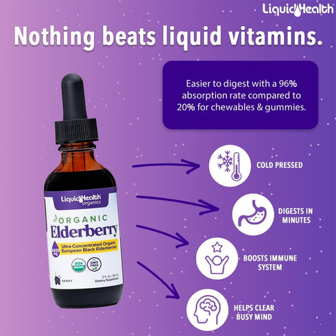 LIQUIDHEALTH USDA Organic Elderberry Liquid Drops for Kids and Adults - Liquid Vitamin Supplement, Immune Support Syrup, Antioxidant, Vegan, Non-G...