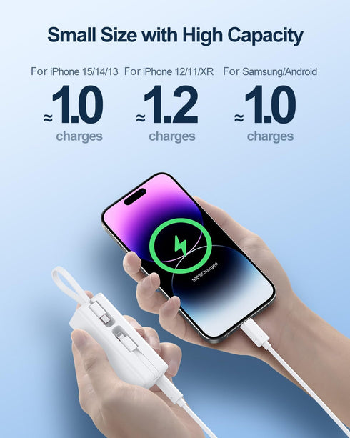 Mini Portable Charger Small Power Bank 5000mAh Battery Pack with Built-in USB C and LT Cables Ultra Compact Portable Charger for iPhone 15 14 13 1...