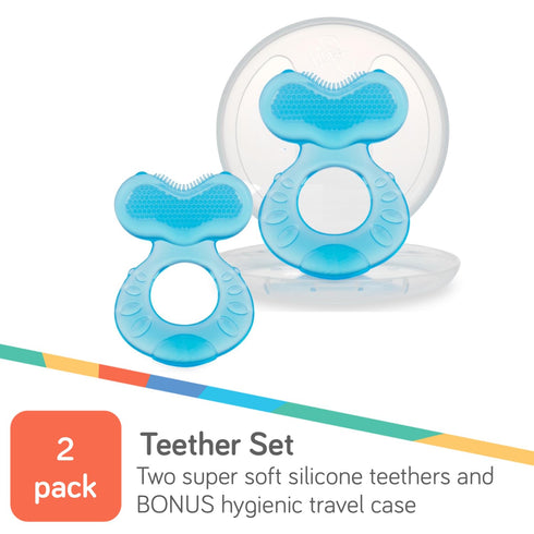 Nuby Soft Silicone Teether with Massaging Bristles | 2 pack: Blue | 3m + | Travel Case Included...