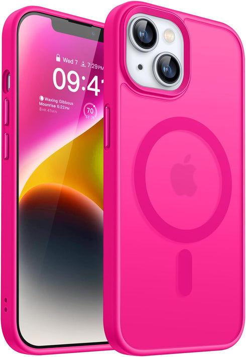 CANSHN for iPhone 14 Case/iPhone 13 Case, Compatible with MagSafe, Translucent Matte Back Slim Shockproof Phone Cover, Hot Pink...
