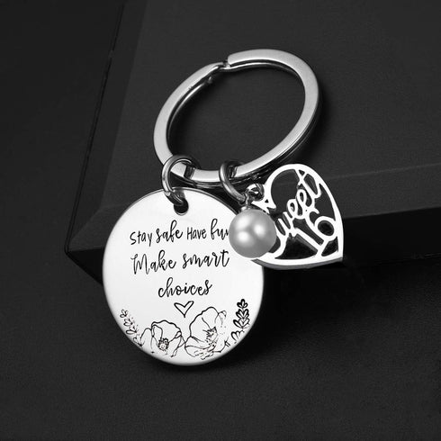 FAMOORE Stay Safe Have Fun Make Good Choices Sweet 16 Years Old Girl Gifts for Birthday, 16th teenage Drivers Keyring, New Driver or Graduation Ke...