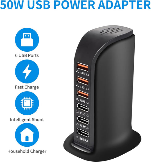 6-Port USB Wall Charger Desktop Charging Station Quick Charge,Compatible with lphone15, 14,13, 12, 11, XS, XR, X, SE, 8, 7, Ipads, Samsung Galaxy,...