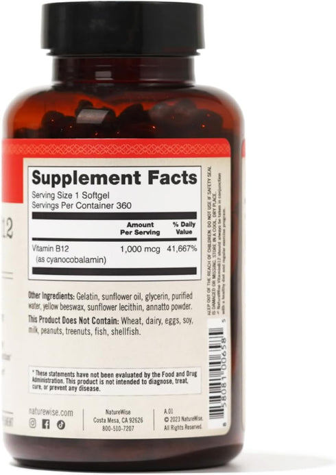 NatureWise Vitamin B12 1000 mcg - B12 Vitamin Supplement for Supporting Energy Levels, Mental Clarity, Nervous System Health - Easy-To-Swallow, Gl...