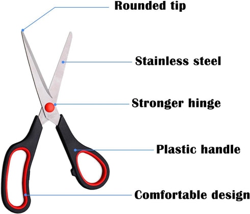 Scissors 8.5 inch Stainless Blade Black Plastic Handle Office School Classroom Student Teacher Crafting Fabric Sewing Gift Wrapping All Purpose 6 ...