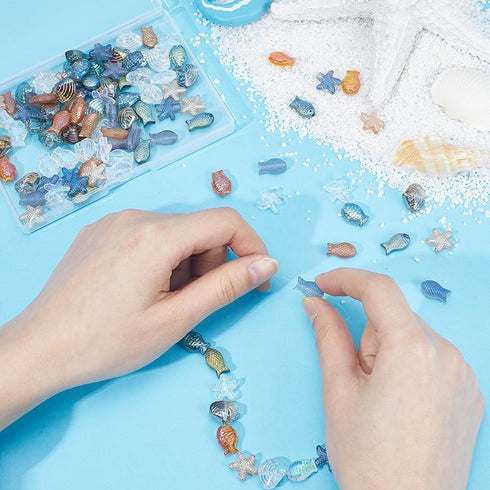 SUNNYCLUE 1 Box 120Pcs Sea Glass Beads Glass Fish Beads Starfish Shell Beads Ocean Summer Hawaii Sea Animal Beads Electroplate Glass Bead Seashell...