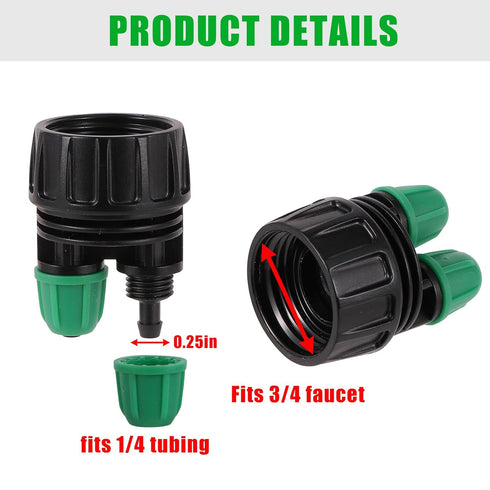 Garden Hose Adapter 3/4 to 1/4 Inch 2 Way Drip Irrigation Tubing Connectors Lock Barbed design 3/4 US Standard GHT Thread 5 Pack (2 -Way to 1/4" P...