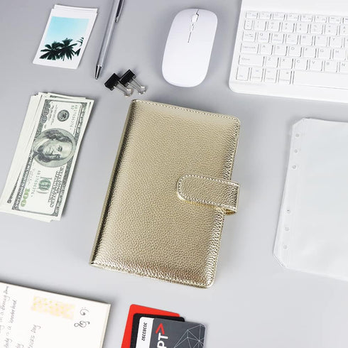 A6 Budget Binder Gold PU Leather Binders Cover Refillable 6 Rings Loose Leaf Notebook Cover with Magnetic Buckle Closure for Planner Traveller Jou...