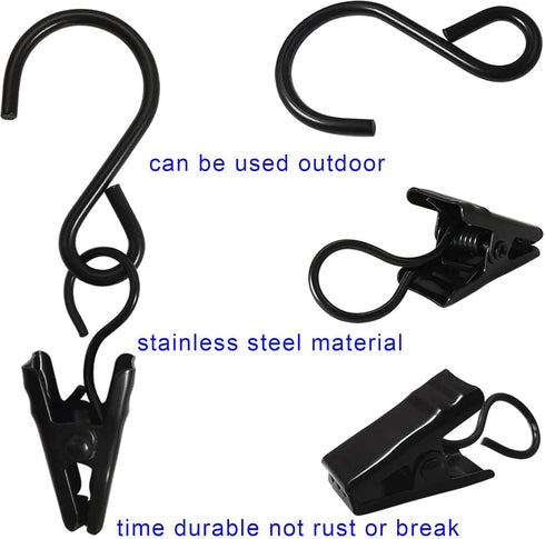 Stainless Steel S Hooks Curtain Clips, 50 Pack Hanging Party Lights Clips Hangers Gutter Photo, Art Craft Display, 2.4 Inch Long, Black...