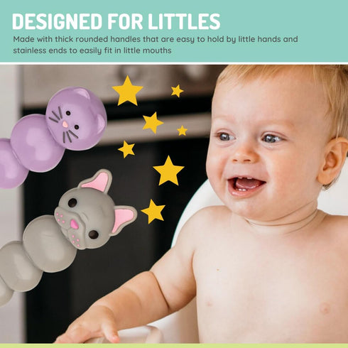 melii Toddler and Kid Feeding Spoon & Fork Set, Stainless Steel, BPA Free, Dishwasher safe (Cat & Bulldog 4pc)...