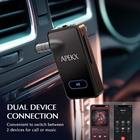 APEKX Bluetooth Adapter for Car, Wireless 3.5mm Aux Hi-Fi Audio Receiver with 15H Battery Life, for Home Stereo, Wired Headphones, and Speaker (Bl...