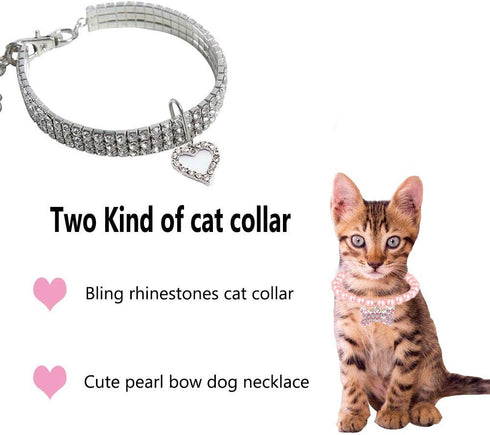Rhinestones Dog Collar and Pearl Dog Necklace Set, Adjustable Neck Strap Bling Full Diamond Pearl Dog Collar for Small Cats Puppy for Birthday...
