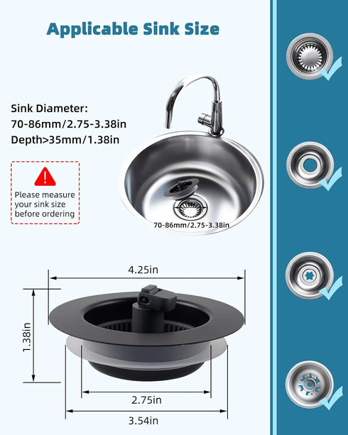 2PCS Black Kitchen Sink Strainer Stopper Combo 3-in-1 Pop Up Sink Drain with Stainless Steel Shell for US Standard 3-1/2 inch Drain Filter, Anti-c...