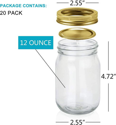 Encheng 12 oz Glass Jars With Lids And Bands,Clear Regular Mouth 12oz Mason Jars For Storage,Canning Jars For Caviar,Herb,Jelly,Jams,Honey,Dishwar...