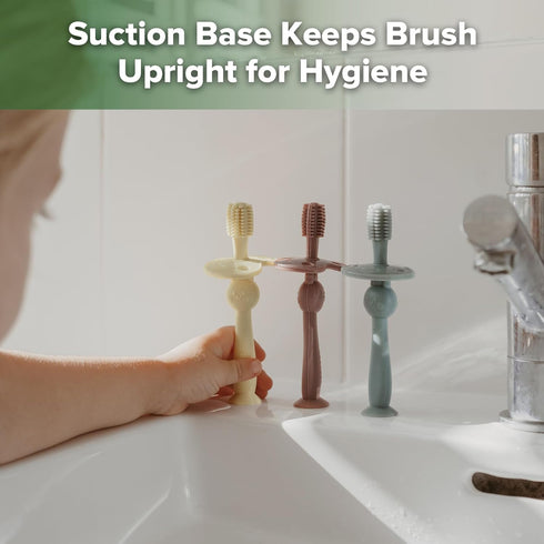 haakaa 360° Baby Toothbrush with Suction Base - Gentle Cleaning for Infant Self-Brushing Training, Food-Grade Silicone, Adjustable Safety Shield -...