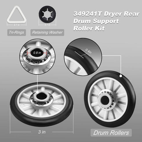 AMI PARTS 349241T Rear Drum Support Roller Kit -180 days warranty-Compatible with Whirl-pool Ken-more Dryers-Replaces 26000349241, 337089, 3389901, 349241T, 99989679, AP3098345