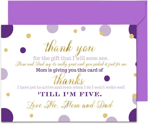 Paper Clever Party Purple and Gold Baby Shower Thank You Cards with Envelopes - Blank Notes with Prefilled Message - Personalize for Girls Gifts -...