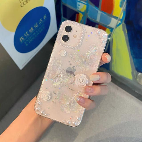 for iPhone 14 Case with Charm Chain Butterfly Flower 3D Cute Phone Case,Crystal Clear Shiny Case with Wrist Bracelet Pearl Shockproof Clear...