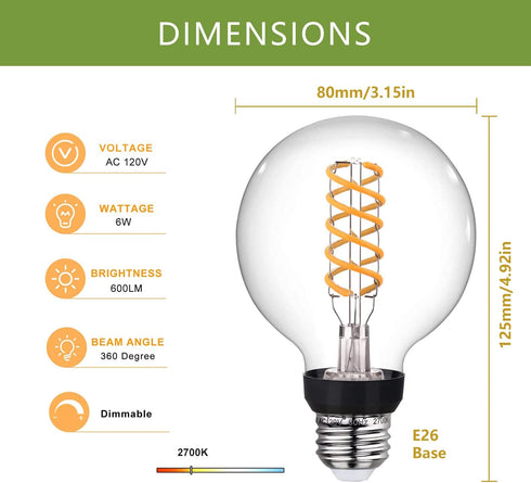 G25(G80) 6W LED Globe Light Bulbs, Warm White 2700K, 6W Equivalent to 60W, 600LM E26 Base Dimmable with 80+ CRI, Vintage Edison LED Filament Clear...