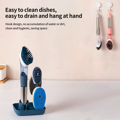 Household Four in One Long Handled Kitchen Automatic Liquid Sponge Cleaning Tool, Long Handled Brush Pot, Hydraulic Cleaning Brush, Kitchen Specif...