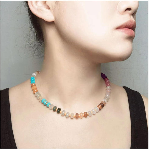 Natural Stone Beaded Necklace for Women Colorful Beads Choker Necklace Boho Handmade Beaded Necklace Beach Surfer Necklace Summer Jewelry Gift for...