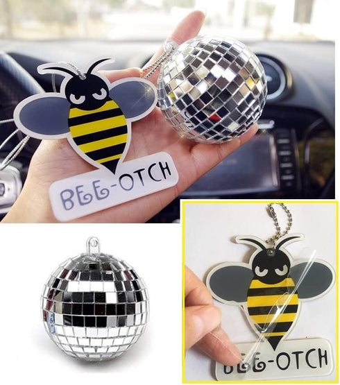 Fashion Bumblebee Car Pendant Decor,Car Swinging Ornament,Car Pendant Interior Rearview Mirrors Charms Hanging Ornament (Bumblebee+mirror ball), Y...