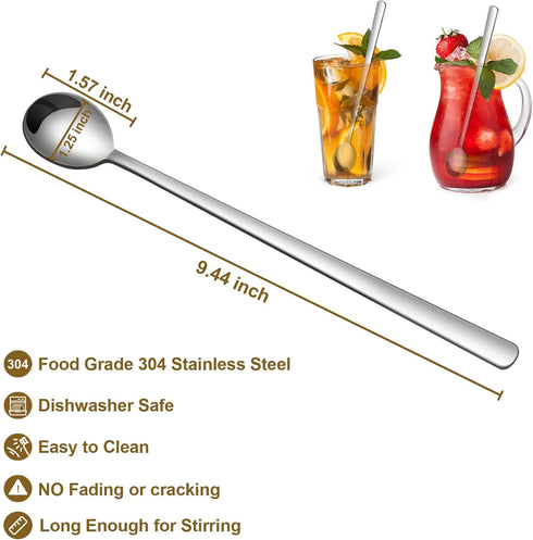 Long Handle Iced Tea Spoons, 304 Stainless Steel Teaspoons, 9.5 Inch Coffee Stirrers,Ice Cream Spoon,Cocktail Stirring Spoons, Set of 4 (Silver) (...