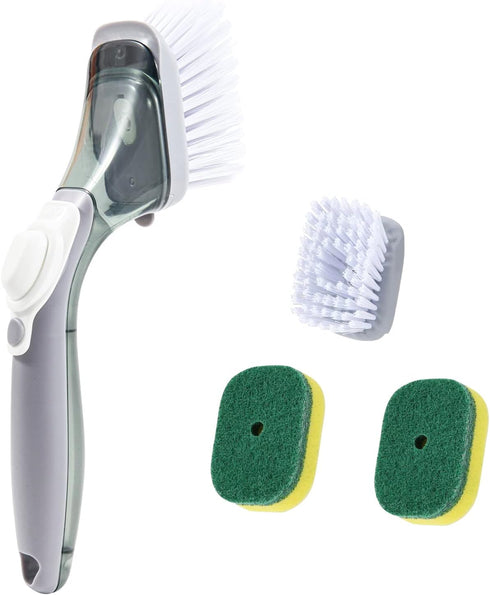 Dishes Scrub Brush Non-Scratch, Soap Dispensing Dish Brush, Dishwand Handle with 2 Refill Dish Brush and 2 Sponge Replacement Heads, Soap Control ...