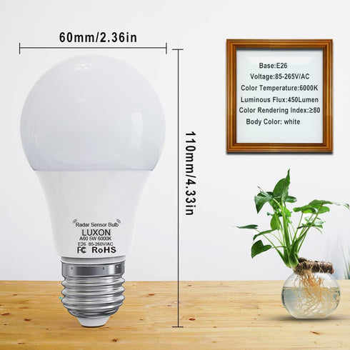 LUXON Radar Motion Sensor Light Bulbs,Dusk to Dawn LED Bulbs 5W 6000K Cool White,A19 E26 Base Night Lights Auto On/Off for Indoor Outdoor Basement...