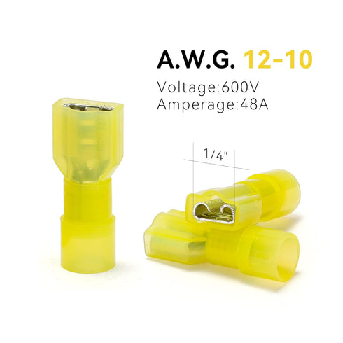 HKS 100PCS Nylon Female Spade Quick Disconnect Connector - Yellow 12-10 AWG Electrical Wire Connectors Kit - Tinned Copper - Cold-Pressed Wire ter...