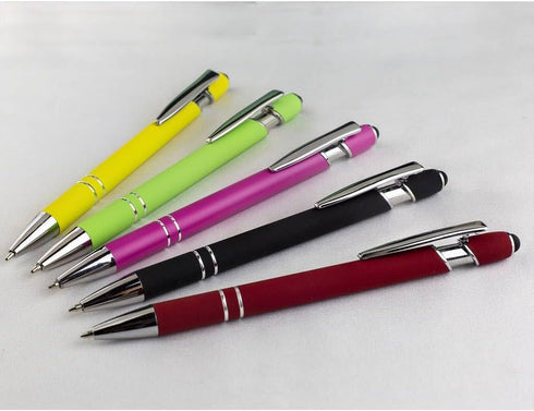 Retractable Ball Point Pens with Stylus Tip Medium Point Soft Touch Metal Matt Wine Red Barrel Black Ink 10 Count...