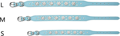 Rhinestone Dog Collar, Cute Flower Rhinestone Cat Dog Collar Bling Collar PU Leather Collar Adjustable Sizes Small Medium Large (M, Blue)...
