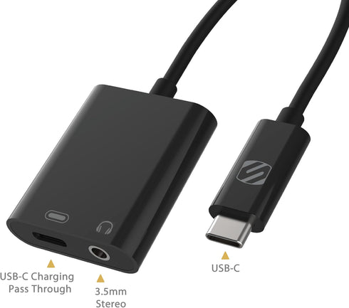 Scosche CAAP StrikeLine USB Type-C Headphone Adapter with Female 3.5mm Aux Input and USB-C Charging Port for Mobile and Music Devices, Black...