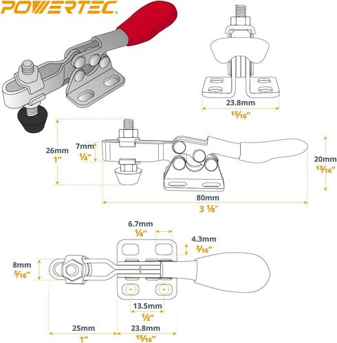 POWERTEC 4PK Toggle Clamp, 60 lbs Holding Capacity, 201 Quick Release Horizontal Clamps w/ Antislip Rubber Pressure Tip for Woodworking Jigs and F...