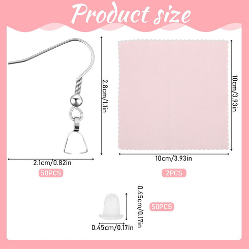 Stainless Steel Earring Hooks DIY Earring Making Kit, 50 Pcs Hypoallergenic Earring Hooks with 50 Pcs Clear Silicone Earring Backs and 2 Pcs Polis...