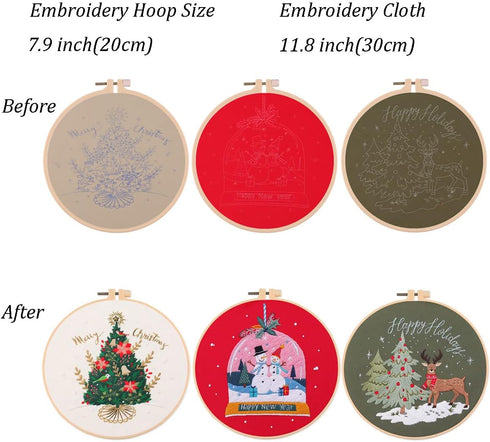 MeruniSkyBirds 3 Sets Embroidery Starter Kit with Christmas Pattern,Cross Stitch Set for Beginners, Full Range of Stamped Embroidery Kits with 3 E...