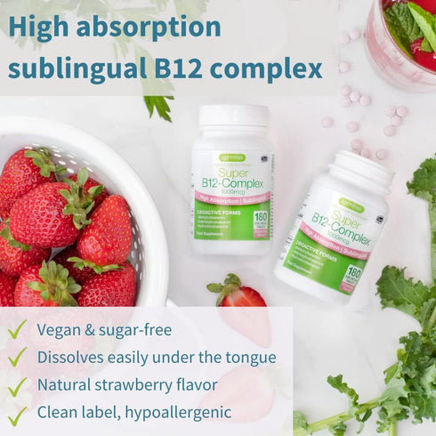 Super B12-Complex 1000mcg, Sublingual & Methylated Vitamin B12, Methylcobalamin, Adenosylcobalamin & Hydroxocobalamin, 180 Servings, Clean Label, ...