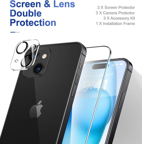 CANSHN [3+3 Pack for iPhone 15 Screen Protector Tempered Glass & Camera Lens Protector Accessories with Easy Installation Frame, Double Shatterpro...
