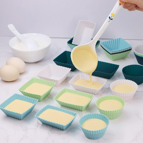 Silicone Cupcake Liners, 24pack Reusable Baking Cups Muffin Liners Pastry Cake Molds, 3 Shapes Lunch Box Bento Dividers-Round, Square, and Rectang...